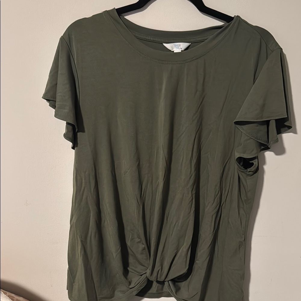 Time and Tru Green Flutter Sleeve Tie Front T-Shirt